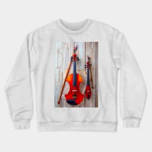 Pocket Violin With Baroque Hanging On Wooden Wall Crewneck Sweatshirt